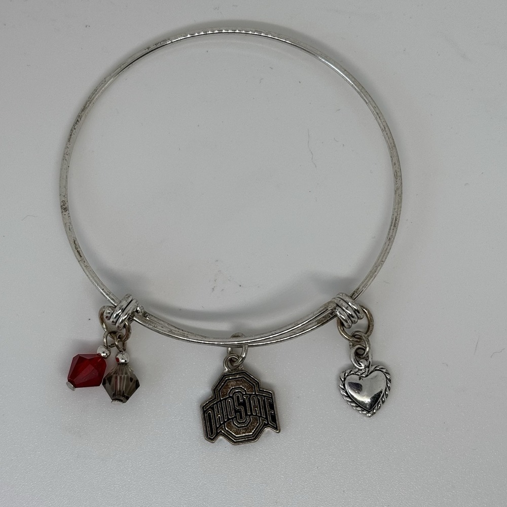 Ohio State Buckeyes Adjustable Charm Bangle Bracelet Stainless Silver Steel Fan